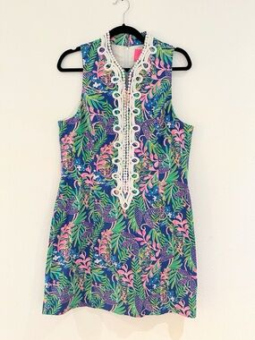Lilly Pulitzer Dress Sz14 Alexa Stretch Shift Dress Borealis Blue Watch Me Prawl